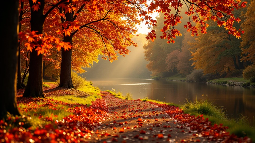 Autumn riverside path with vibrant orange and red foliage overhead, fallen leaves on ground, golden light filtering through canopy, warm seasonal colors