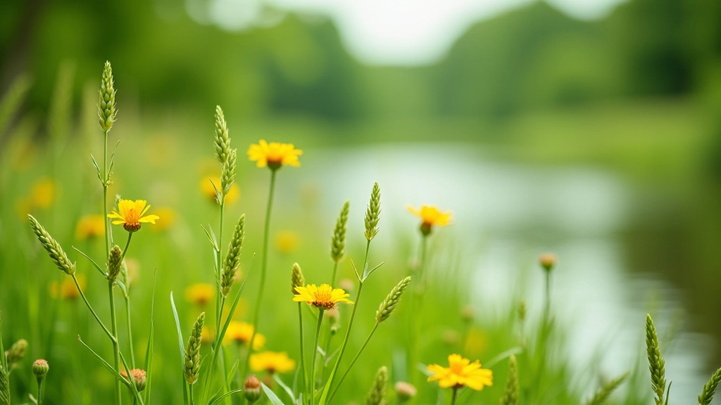 Close-up of riverside meadow vegetation, grasses, wildflowers, and natural plants detail view