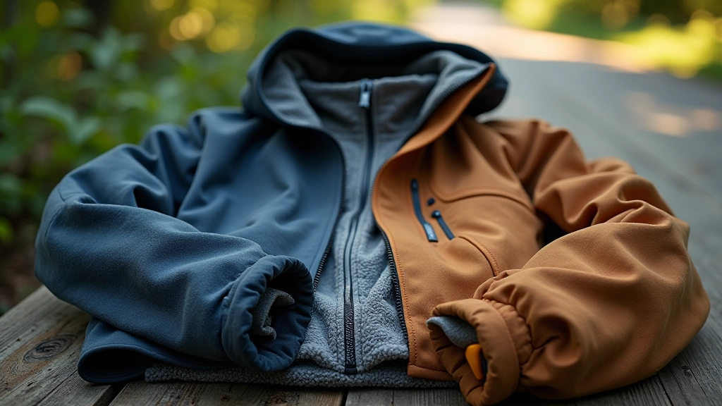 Layered clothing outfit displayed on mannequin showing base layer, mid-layer fleece, and windproof jacket
