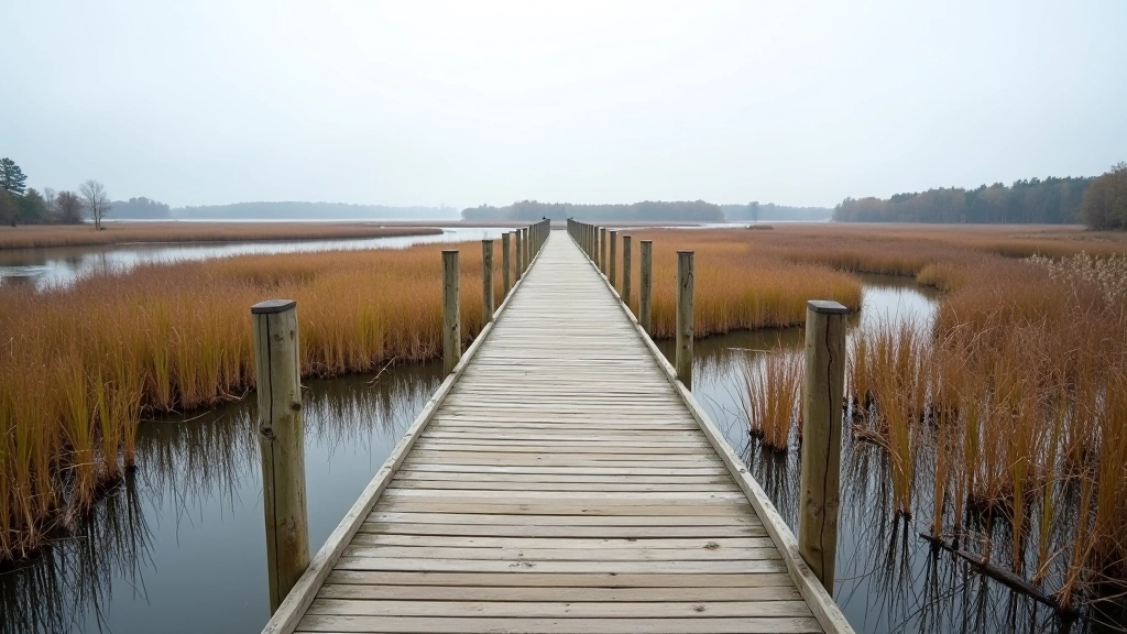 Elevated wooden boardwalk crossing through wetland with water on both sides and reeds, birds in distance