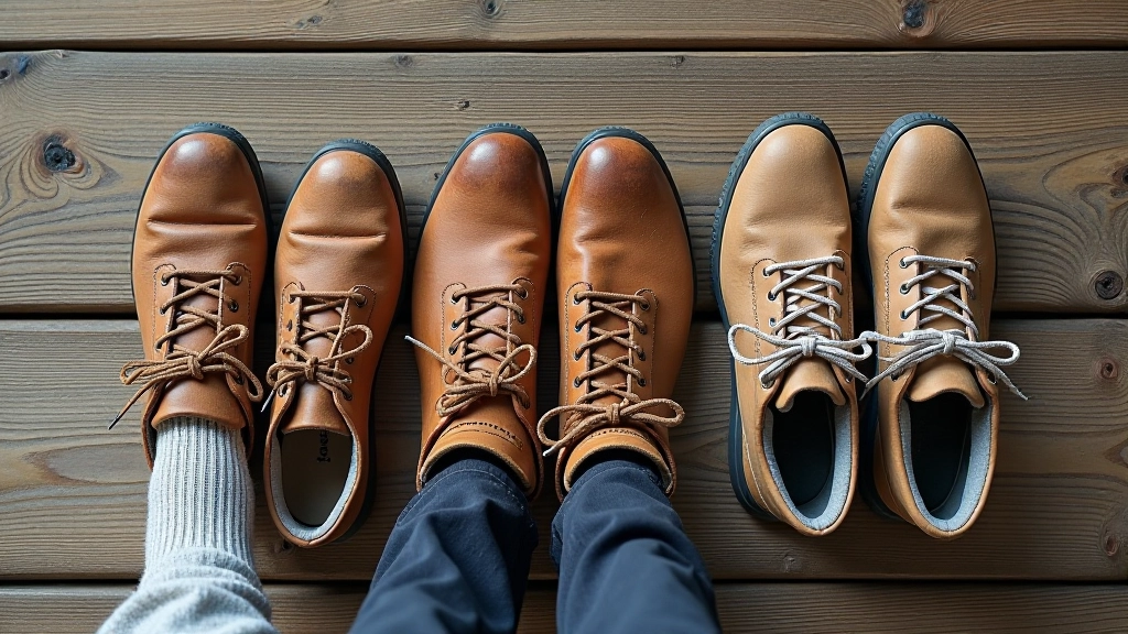 Close-up of hiking boots and walking shoes arranged on natural wood surface with hiking socks nearby