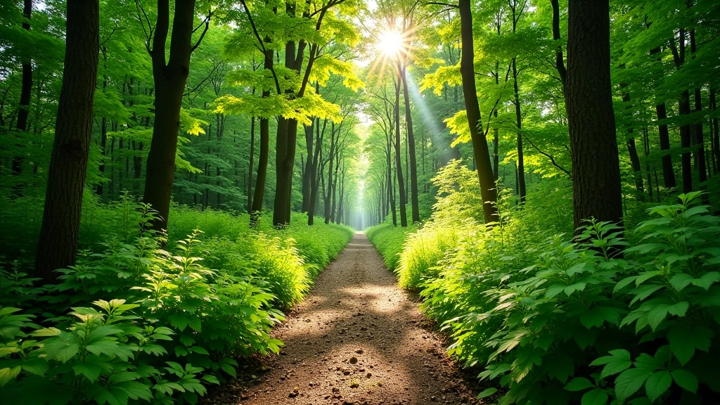 Footpath winding through dense green forest vegetation with river glimpses through trees, natural walking trail