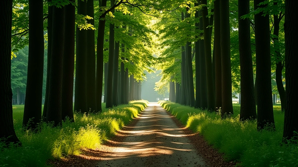 Forest path with tall trees on both sides creating natural tunnel effect, dappled sunlight on ground