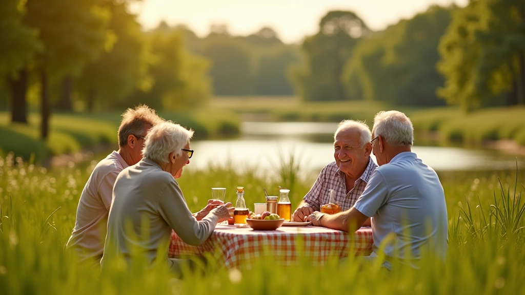 Group of seniors enjoying a picnic by the riverside