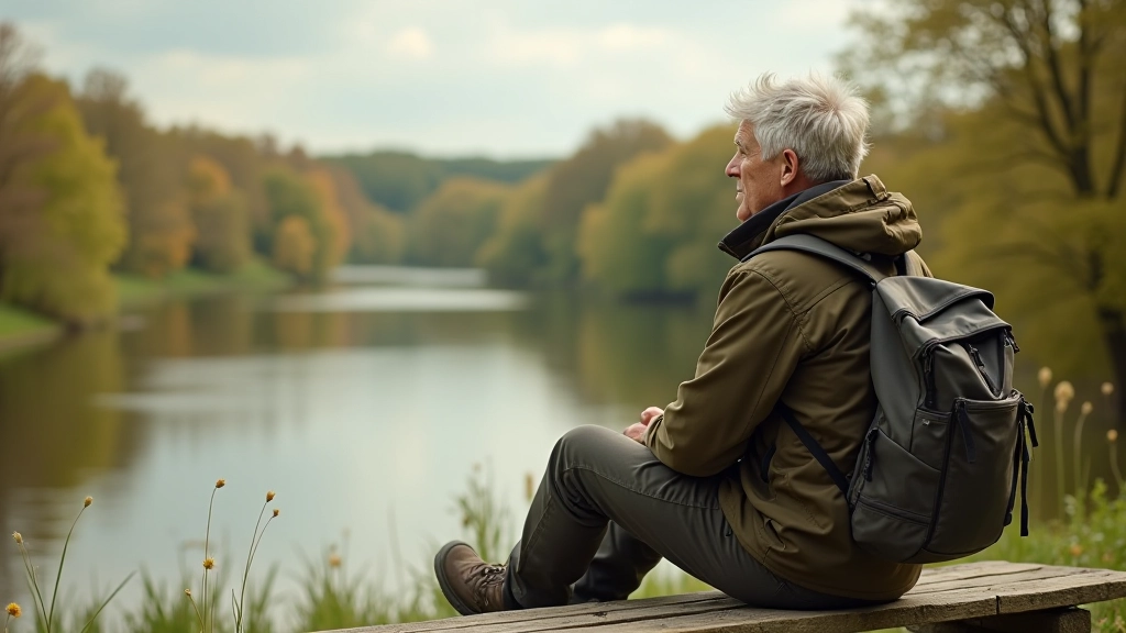 Hiker sitting on riverside bench, wearing layers and comfortable walking shoes, river view in background, natural lighting
