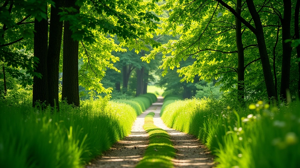 Lush green vegetation along riverside in summer, full tree canopy providing shade, path beneath trees with dappled sunlight, vibrant natural setting