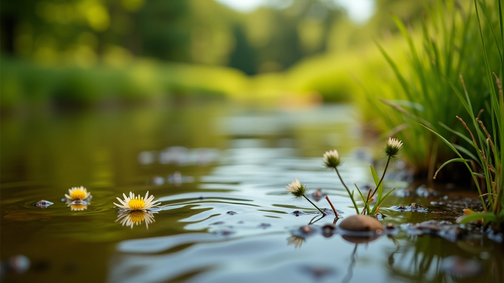 Close-up of river water with natural riverbank vegetation and small wildflowers in foreground, nature detail
