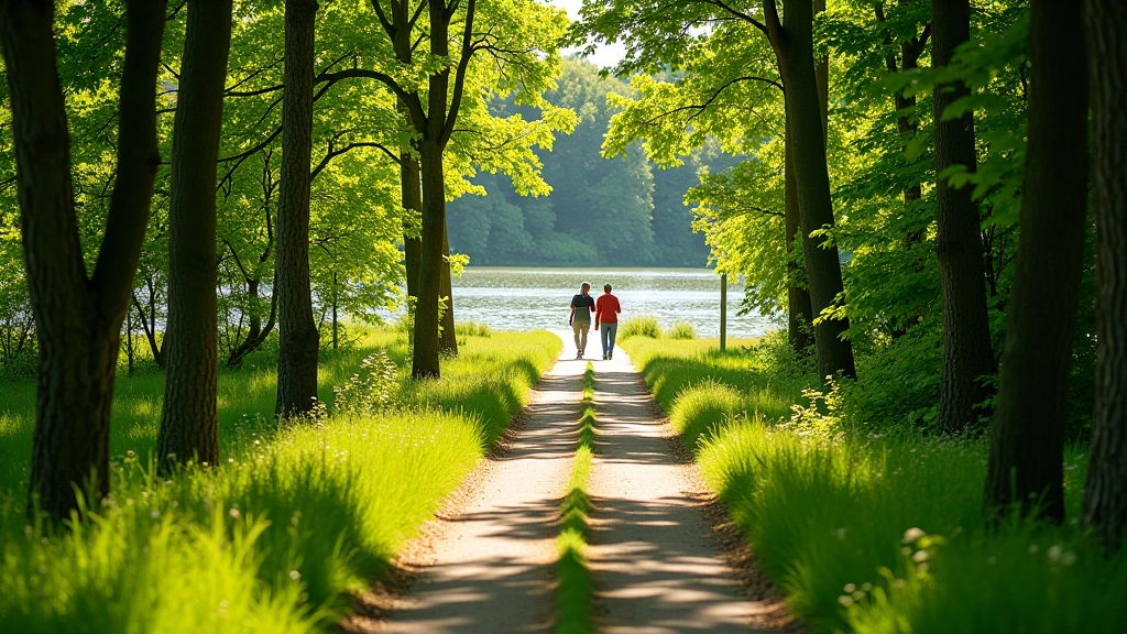 Group of retirees walking together on a shaded forest path beside the river, enjoying nature and conversation