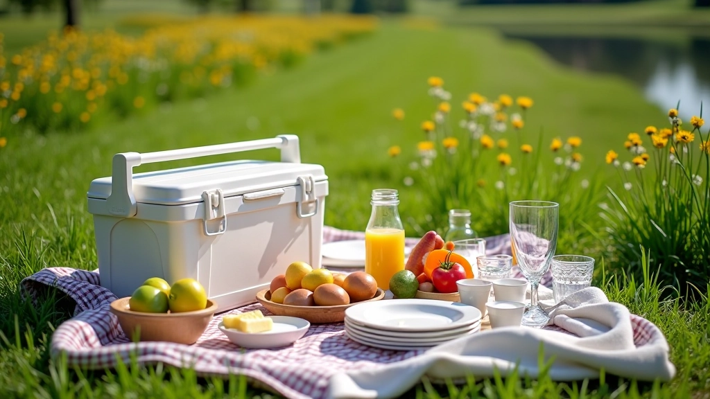 Organized picnic setup with cooler, food containers, blanket, and beverages arranged on a picnic table outdoors
