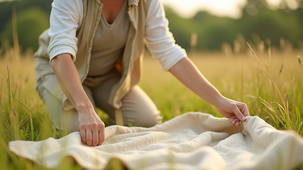 Outdoor picnic setup with weather protection, person adjusting blanket in windy conditions, riverside meadow background