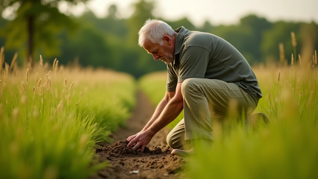 Person selecting picnic spot in meadow, checking ground with hand, natural lighting, outdoor setting, realistic photo