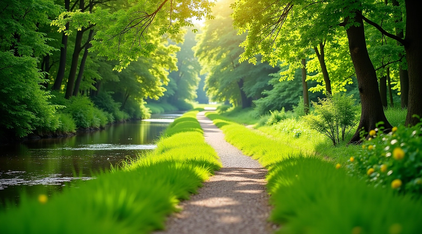Scenic pathway along the Nemunas River with green trees and water visible on both sides, peaceful natural landscape