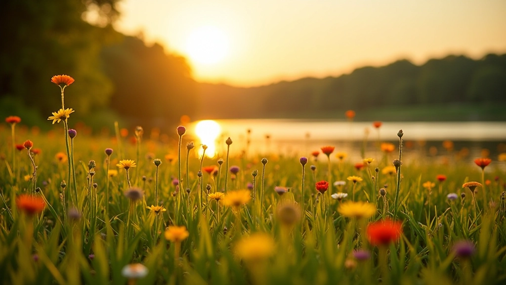 Scenic view of Riverside Meadows with grass, wildflowers, and river in background during golden hour, peaceful atmosphere