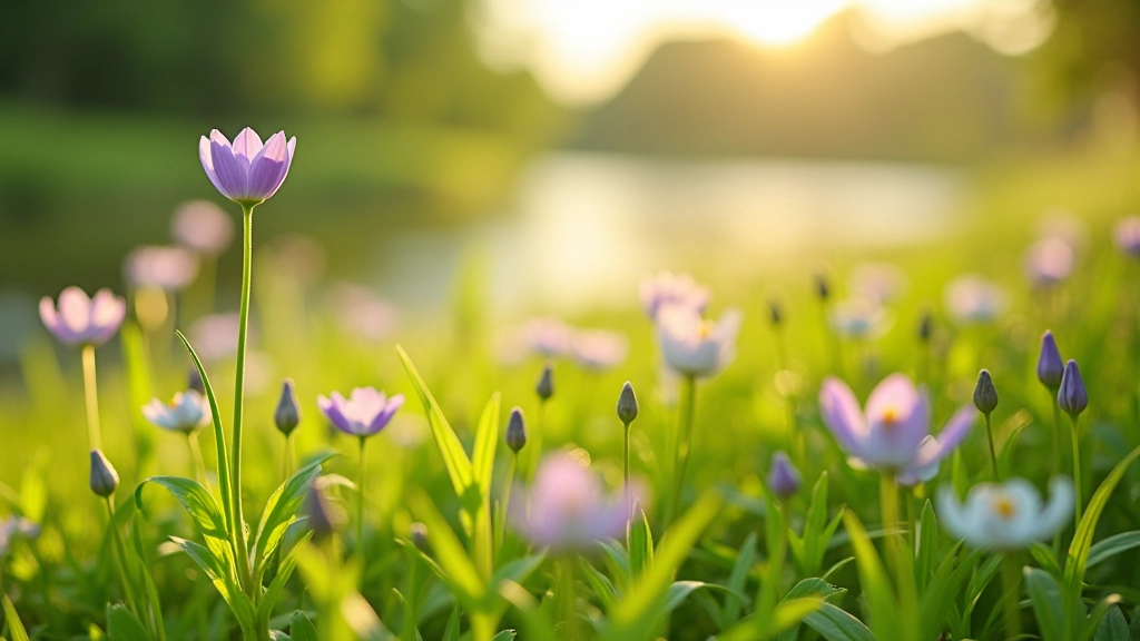 Delicate spring wildflowers blooming along riverside path with soft morning light, purple and white flowers scattered on green grass, river visible in background