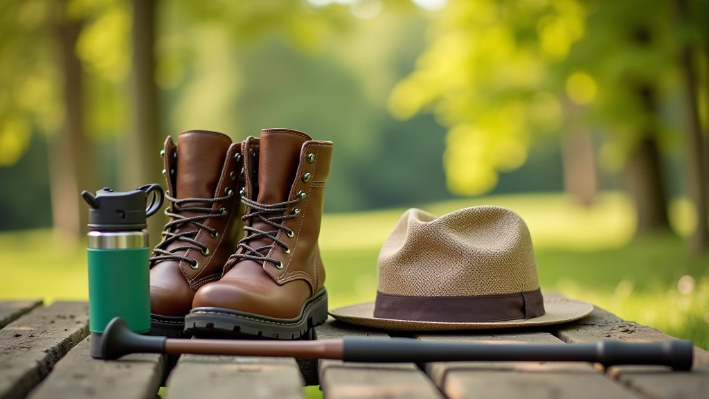 Walking gear and equipment laid out including boots, clothing, backpack, and accessories for outdoor walks