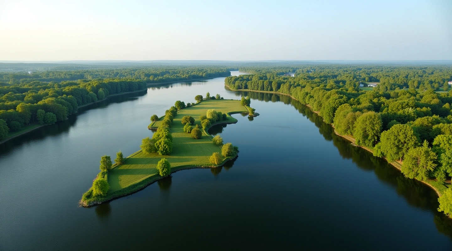 Scenic Nemunas River with lush green islands and peaceful walking paths under blue sky