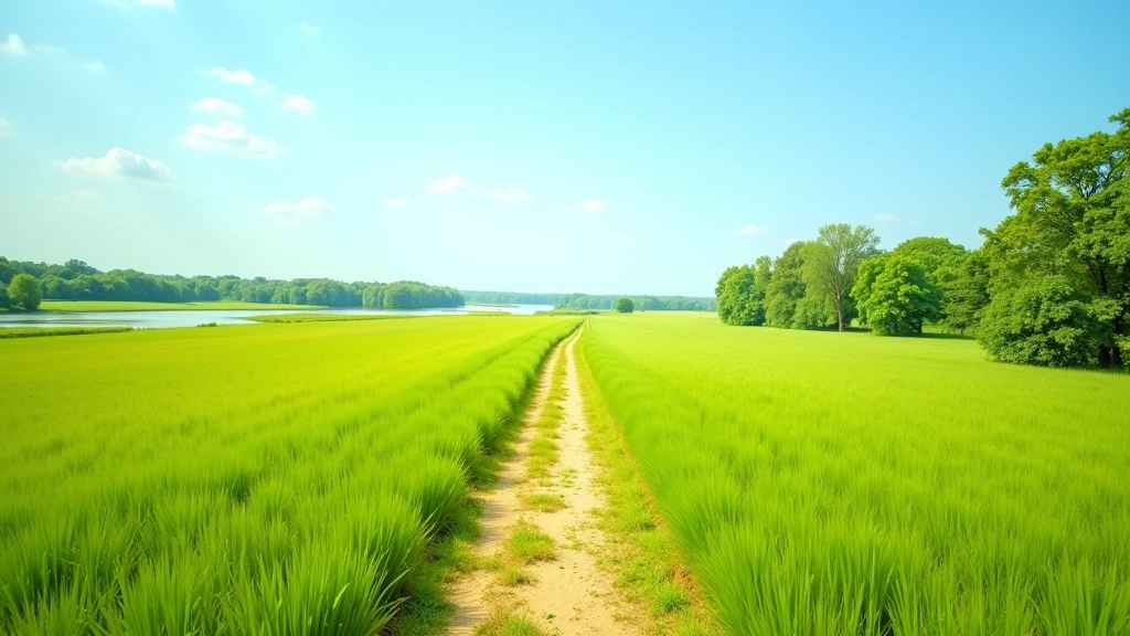 Wide meadow landscape with walking path cutting through green grass toward river in distance, blue sky