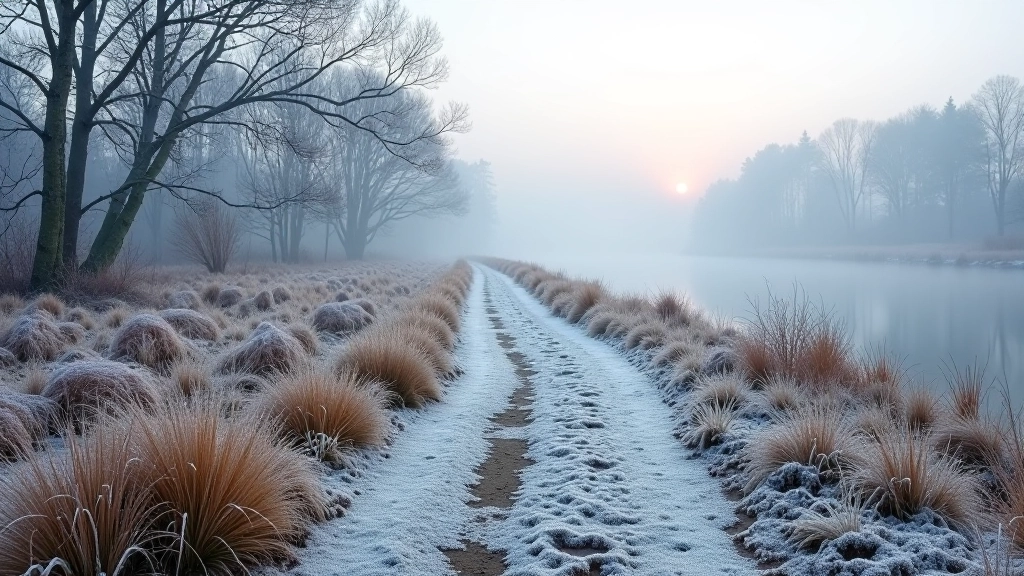 Winter riverside landscape with frost on grass and vegetation, cold misty morning atmosphere, bare trees and white frost coating, peaceful winter scene