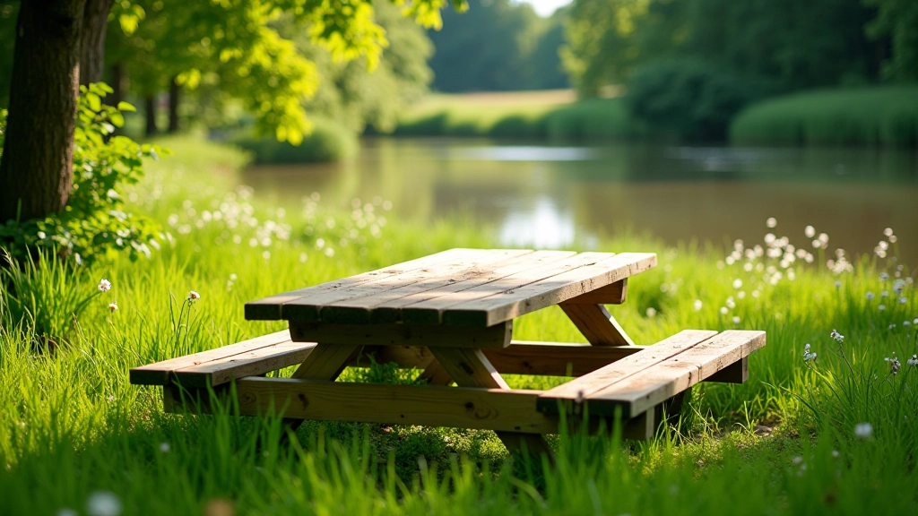 Wooden picnic table set up in a grassy meadow with river visible in the background, surrounded by wildflowers and trees